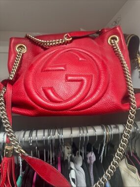Gucci Red Leather Shoulder Bag with Gold Chain and Tassel